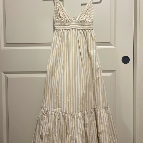 Banana Republic Women's Poplin Maxi Dress Open Back Tan Striped Cotton Sz S - Picture 1 of 9